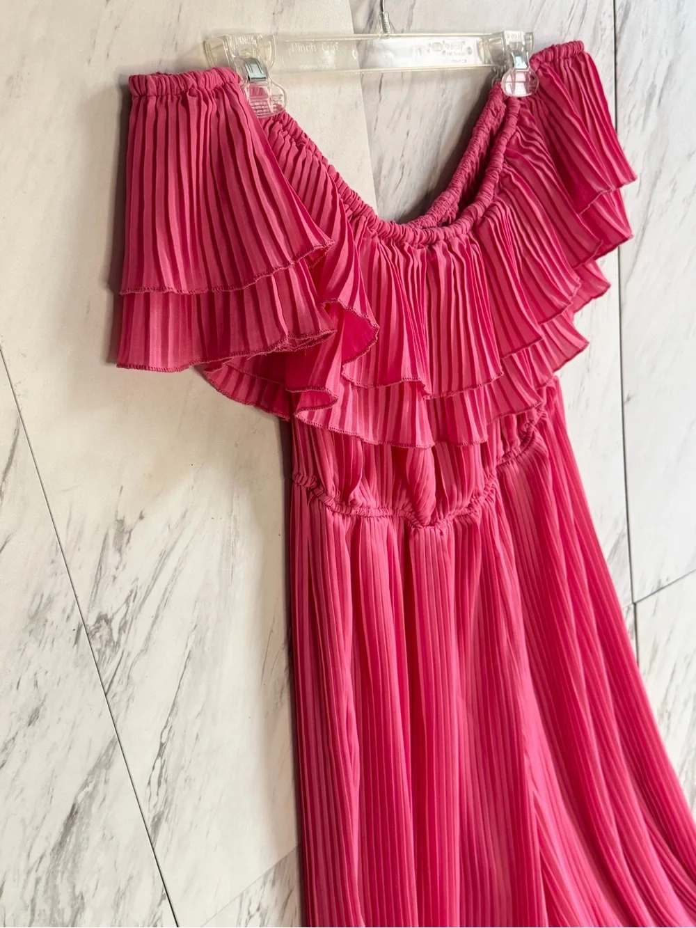 Nasty Gal Hot Pink Pleated Off-Shoulder Ruffle Barbiecore Glam Jumpsuit Size 10 - Picture 3 of 7